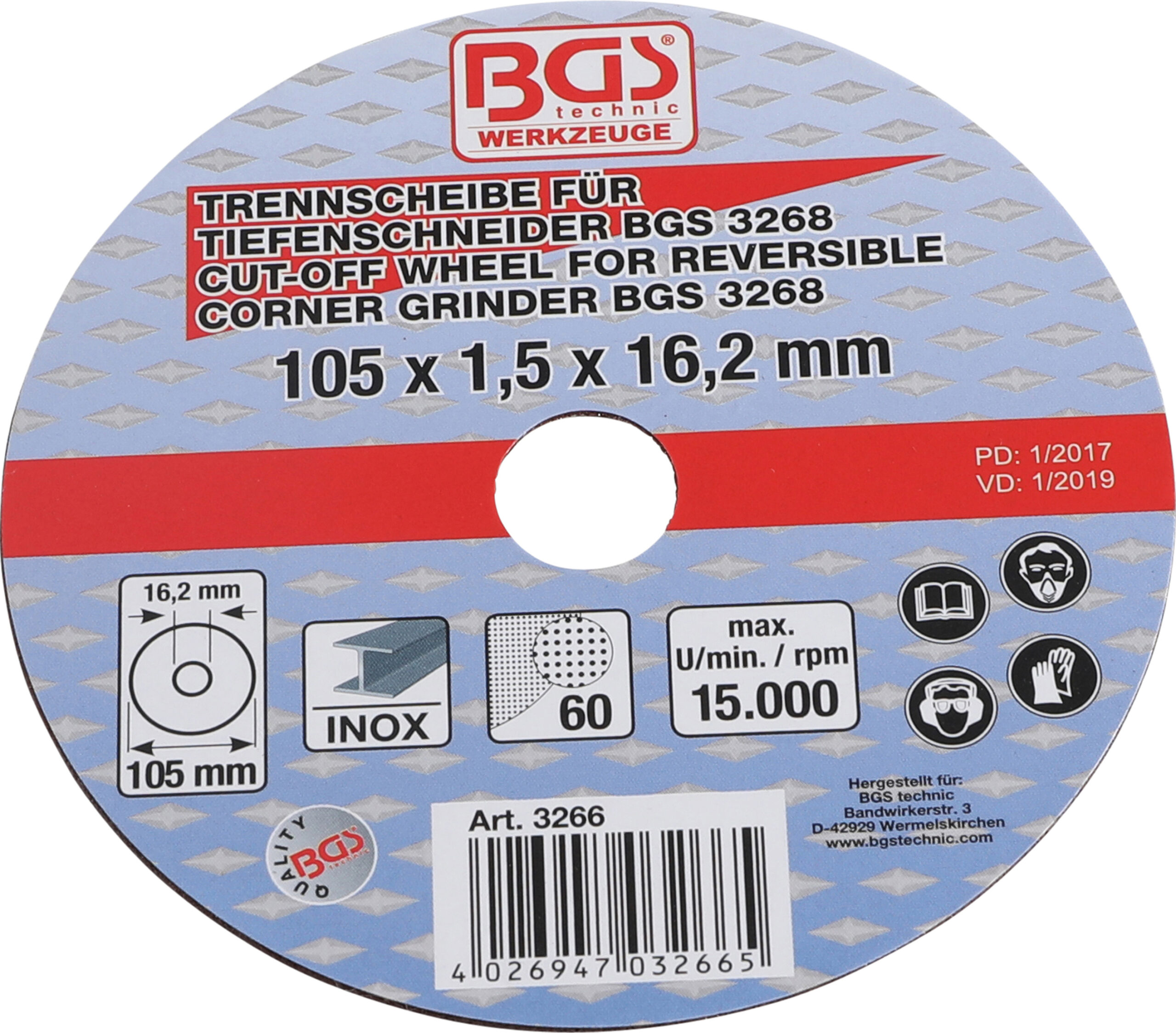 Cutting Disc for BGS Reversible Corner Grinder | Ø 105 x 1.5 x 16.2 mm