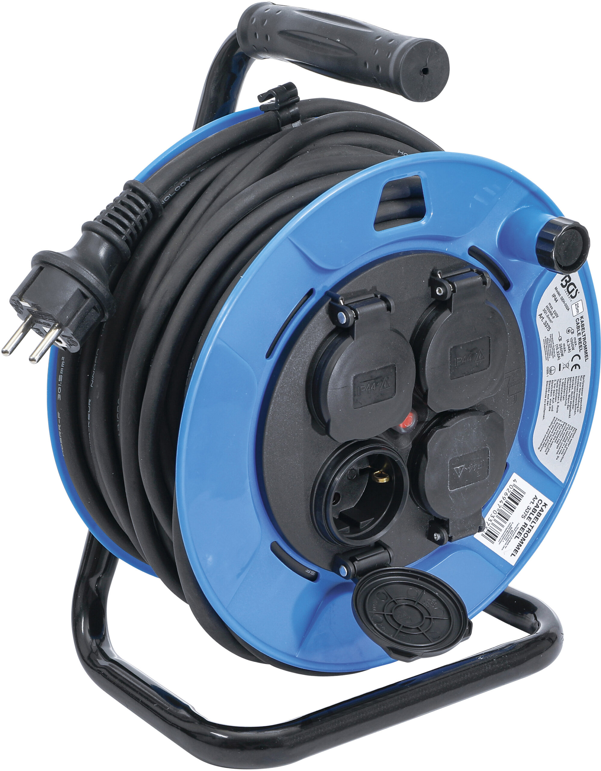 Cable Reel | 25 m | 3x1.5 mm² | 4 Socket Outlets with Sealing Cap | IP 44 | 3500 W