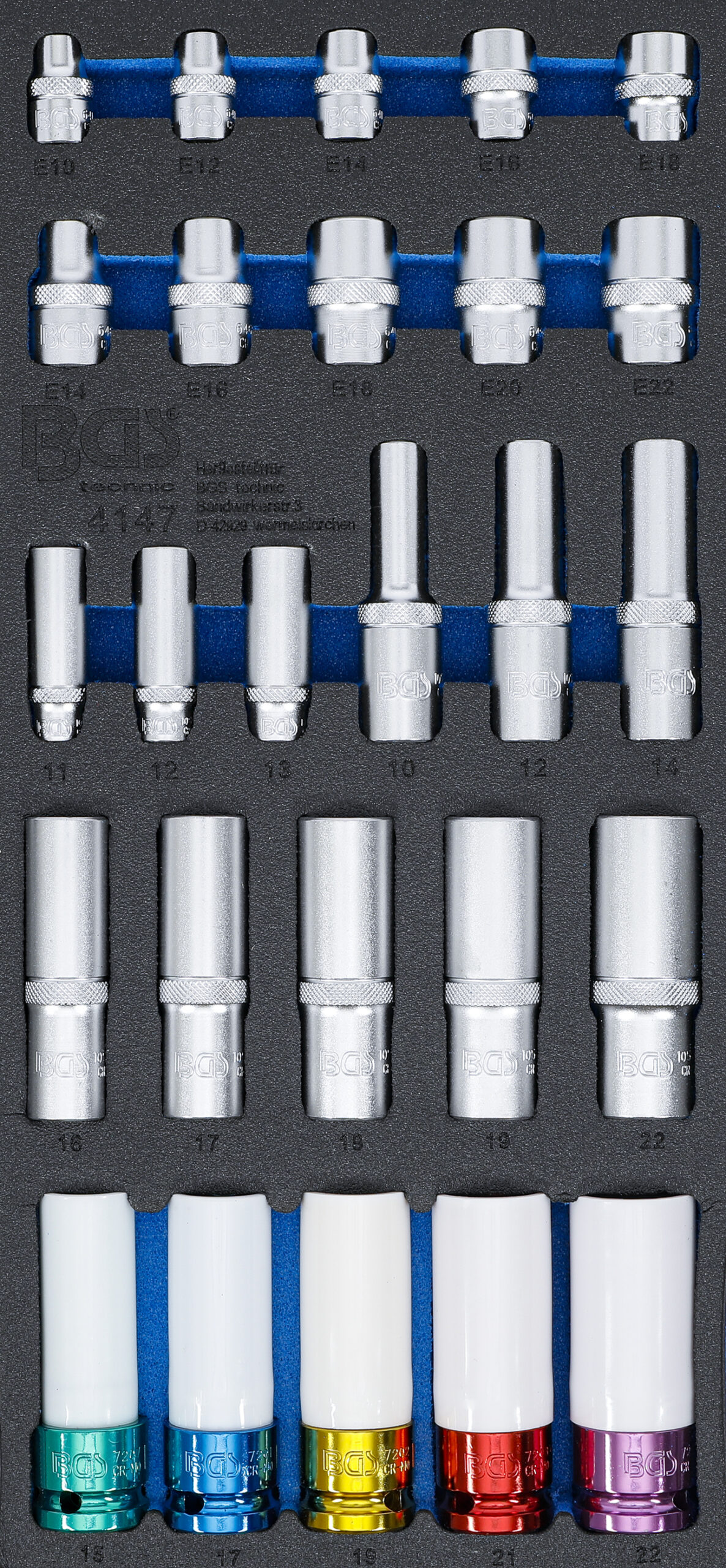 Tool Tray 1/3: Sockets | Hexagon, deep 11 – 22 mm | E-Type E10 – E22 | 6.3 mm (1/4"), 10 mm (3/8"), 12.5 mm (1/2") | 26 pcs.